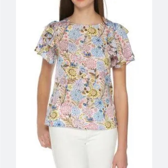 Nanette Lepore Women's Floral Multicolor Blue Flutter Sleeve Blouse - Picture 8 of 8